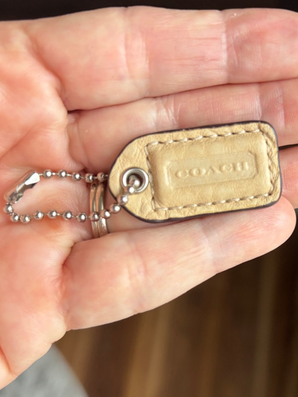 Coach Tan Leather Hang Tag with Silver Ball Chain